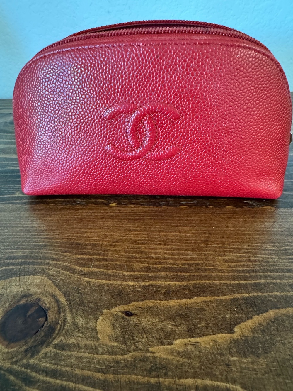 Authentic CHANEL Red Pebbled Leather Cosmetic Pouch